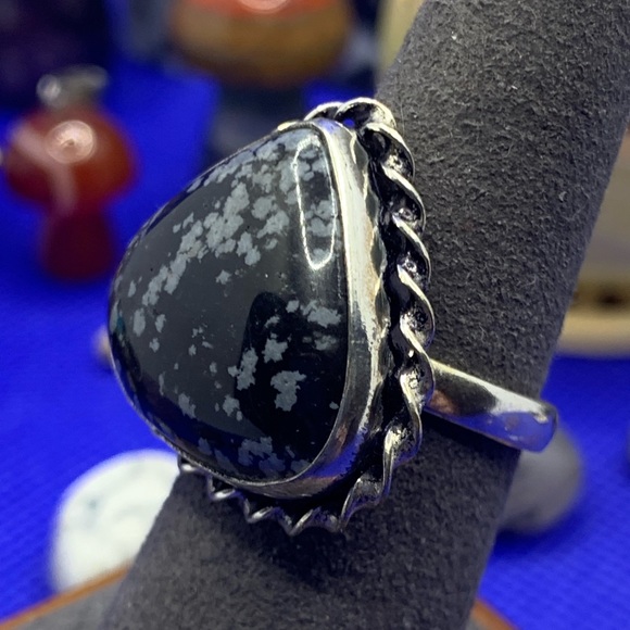 Comfort Curl ADJUSTABLE Beautiful Snowflake Obsidian Ring! .925 Sterling Overlay - Picture 9 of 16